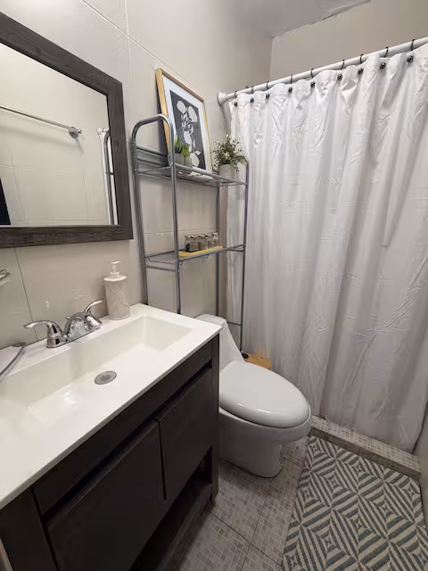 Full bathroom with vanity sink, mirror and shower